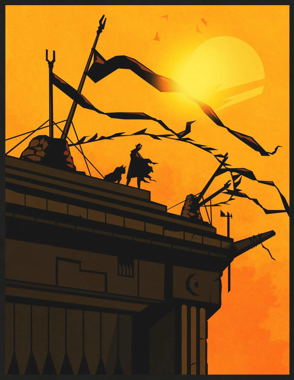 Spire scenario featuring a lone figure and cat on ruins at sunset, with flags below the Eidolon Sky.