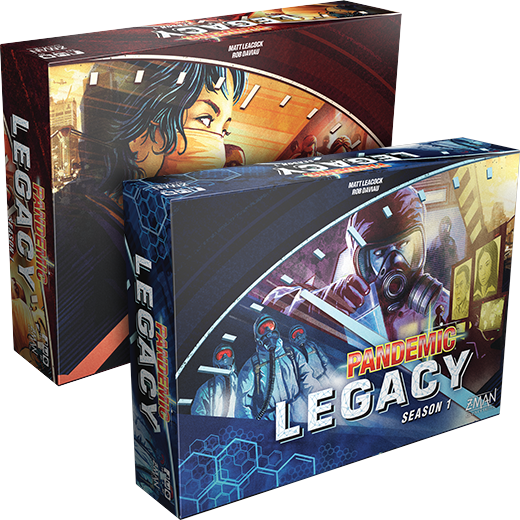 Two boxes of Pandemic Legacy: Season 1, Blue Edition cooperative board game.