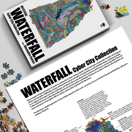 The Mystical Waterfall Cyber City 1000 Piece Jigsaw Puzzle with box, guide sheet, and loose puzzle pieces.