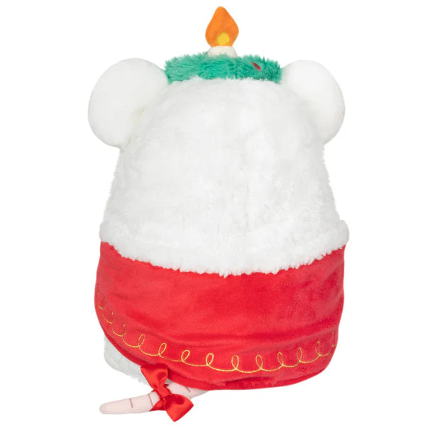 Festive Mouse Mini Squishable plush toy with white frosting, red base, green trim, and orange candle.