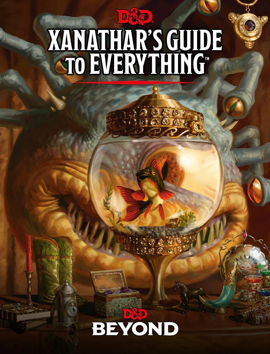 D&D - Xanathars Guide to Everything Sourcebook with beholder and goldfish artwork on the cover.