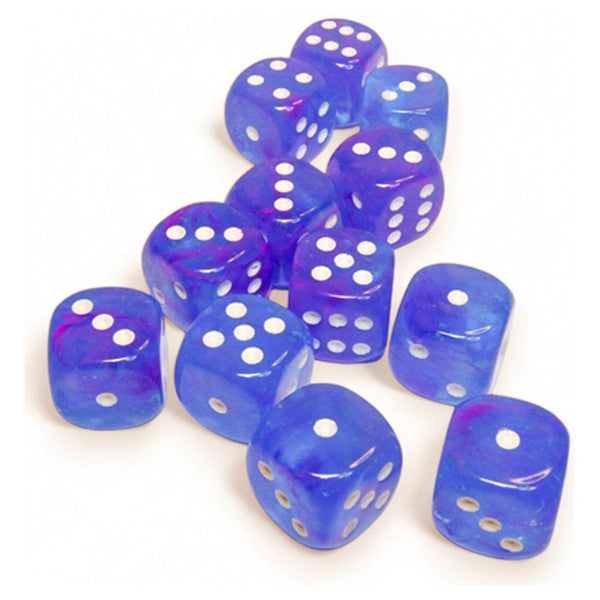 12 d6Cube 16mm Nebula Luminary Aura/white dice arranged on a white surface.