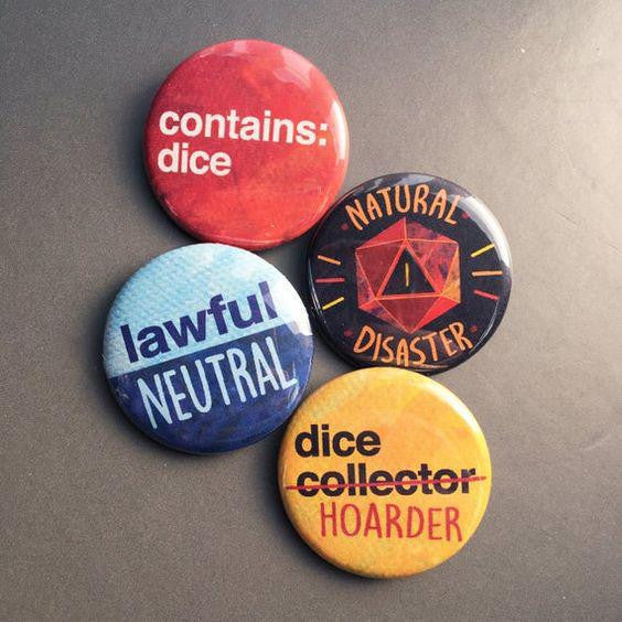 Colorful Contains Dice button pin for dice collectors and tabletop gaming fans.