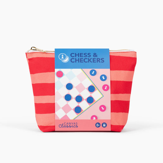 Red striped zippered pouch labeled Canvas Classics Chess & Checkers with pink and blue checkerboard design.