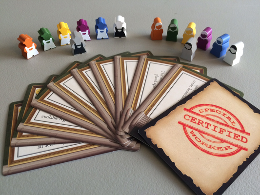 Tuscany Essential Edition Viticulture Expansion game pieces and cards, including one labeled Special Certified Worker.