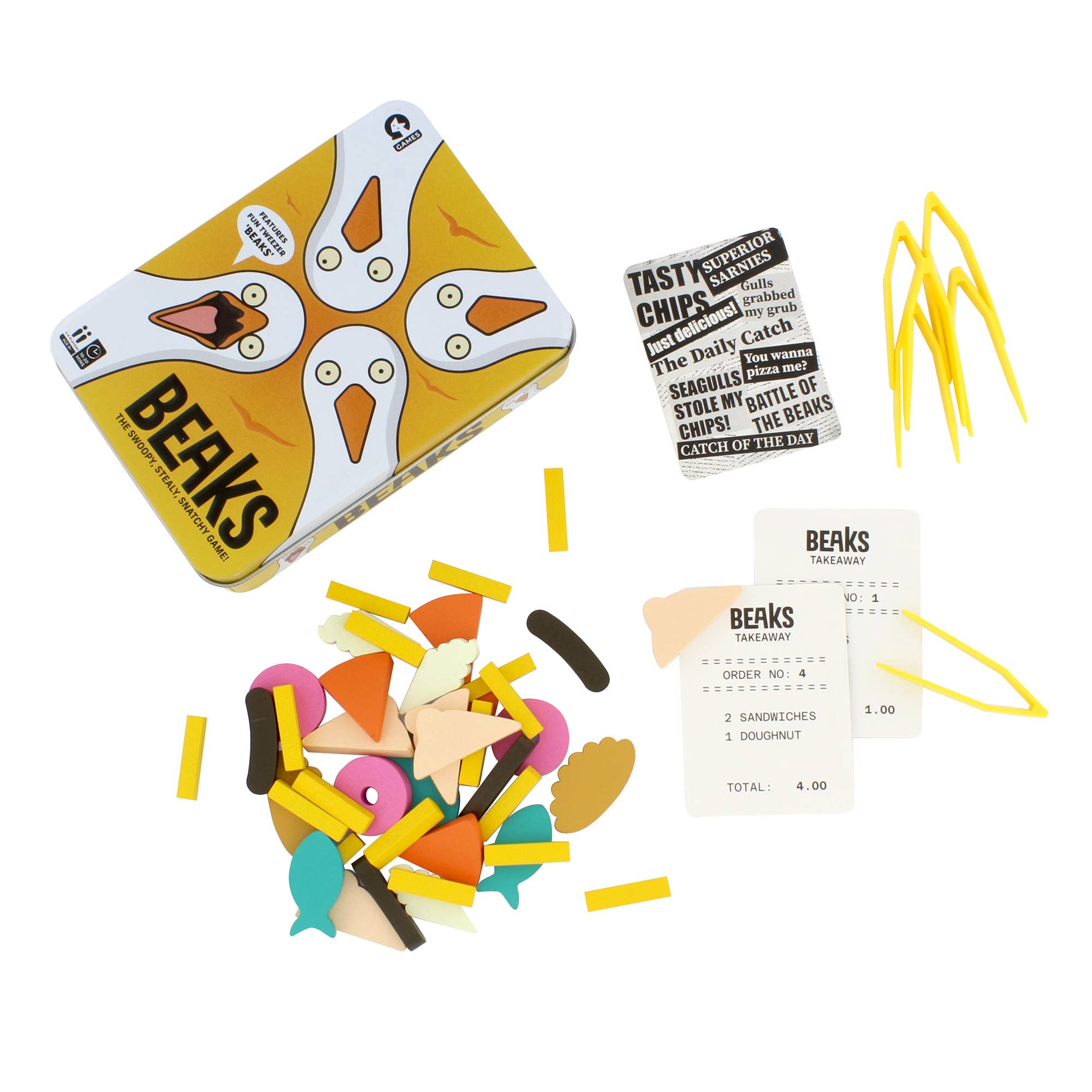 Beaks board game: tin, shaped food tokens, yellow plastic tweezers, and cards.
