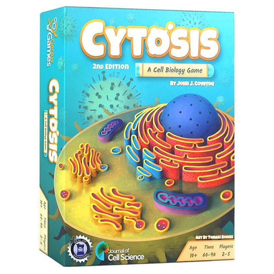 Cytosis board game box featuring cell biology theme with illustrated structures and colorful organelles.