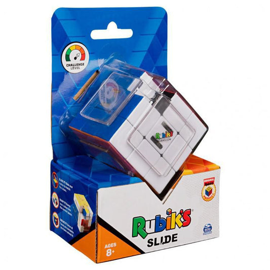 Rubiks 3x3 Slide puzzle toy in packaging, blue and white cubies, Rubiks logo, ages 8+.