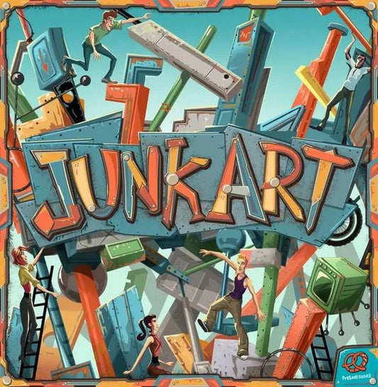 Junk Art game box with colorful wooden pieces being stacked and balanced.
