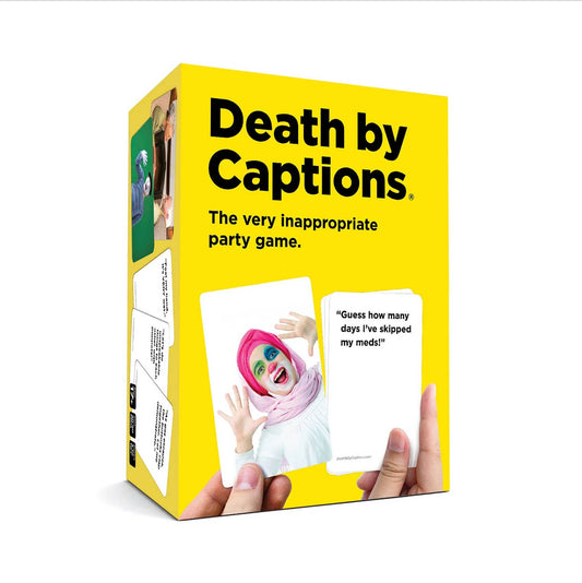 Death by Captions Party Game in a yellow box, with packaging showing a surprised person wearing colorful makeup.