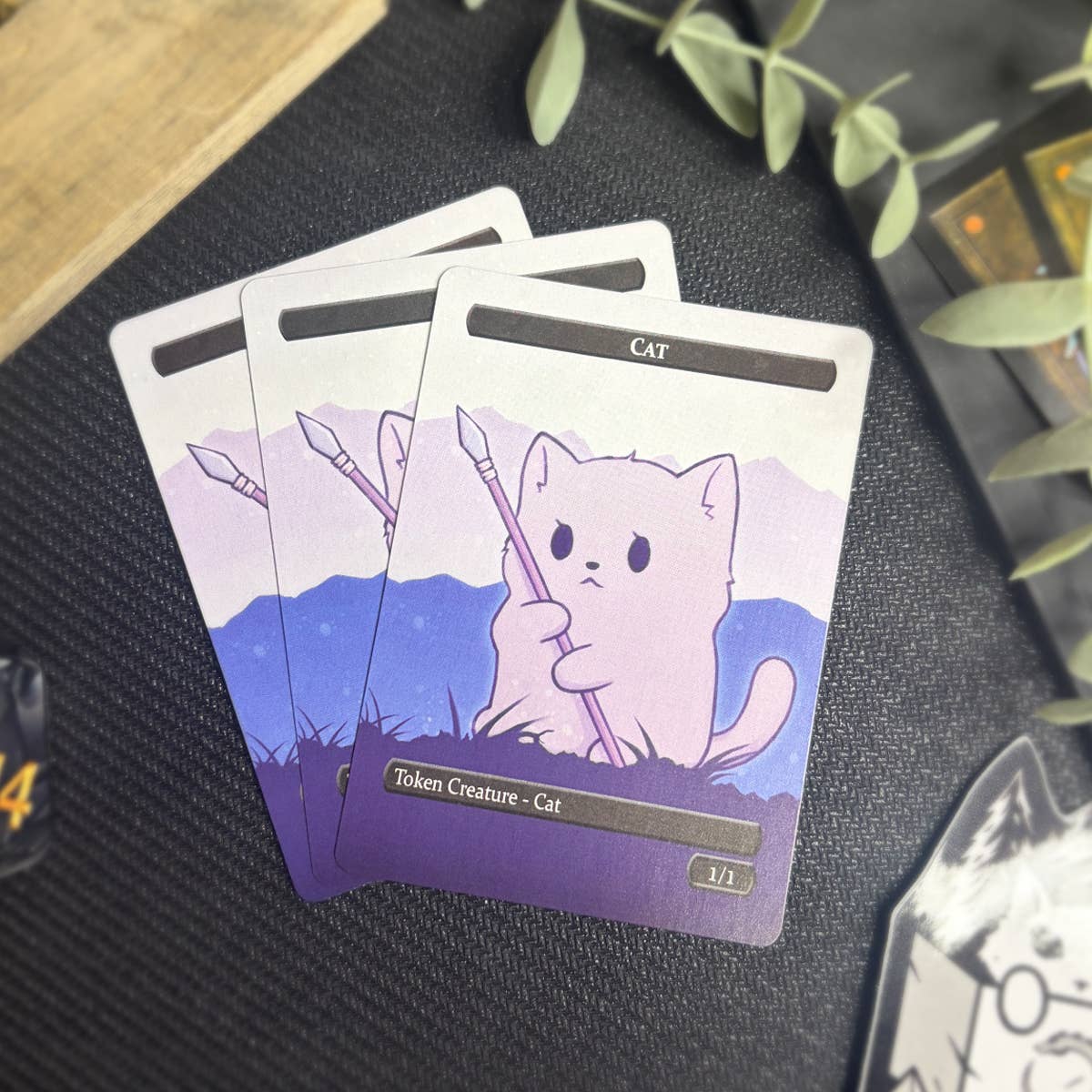 Three Spirit & Cat Token Set cards with purple backgrounds, showing spear-wielding cat artwork.