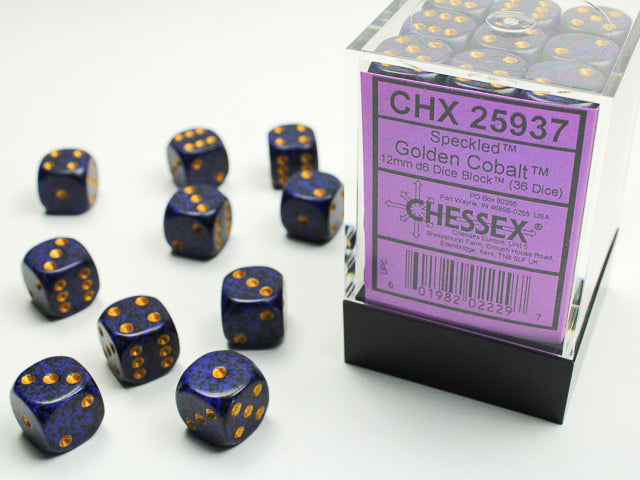 Thirty-six blue-and-gold Speckled 12mm d6 dice with a labeled clear storage box, Golden Cobalt variant.