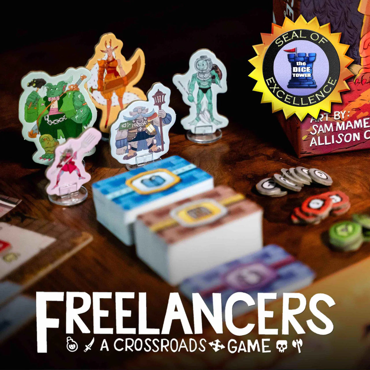Cardboard standees, cards, and game pieces for Freelancers: A Crossroads Game board game.