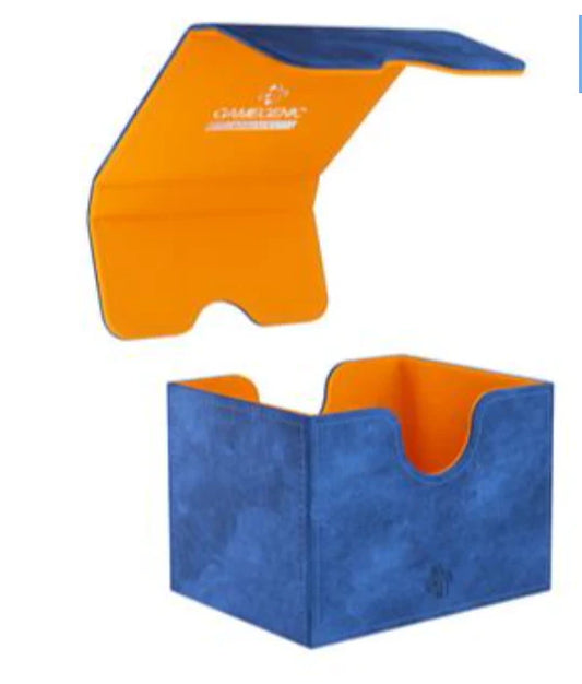 Gamegenic Sidekick 100+ XL Deckbox in blue and orange shown open with contrasting interior.