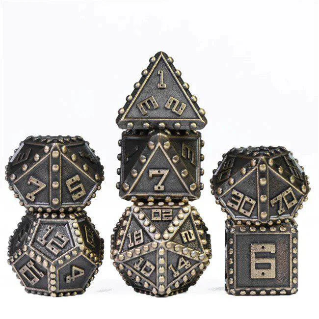 Bronze Brigandine Armor RPG metal dice set stacked in two columns for Dungeons and Dragons.