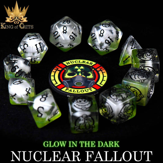 Nuclear Fallout 11-piece glow dice set arranged in a circle.