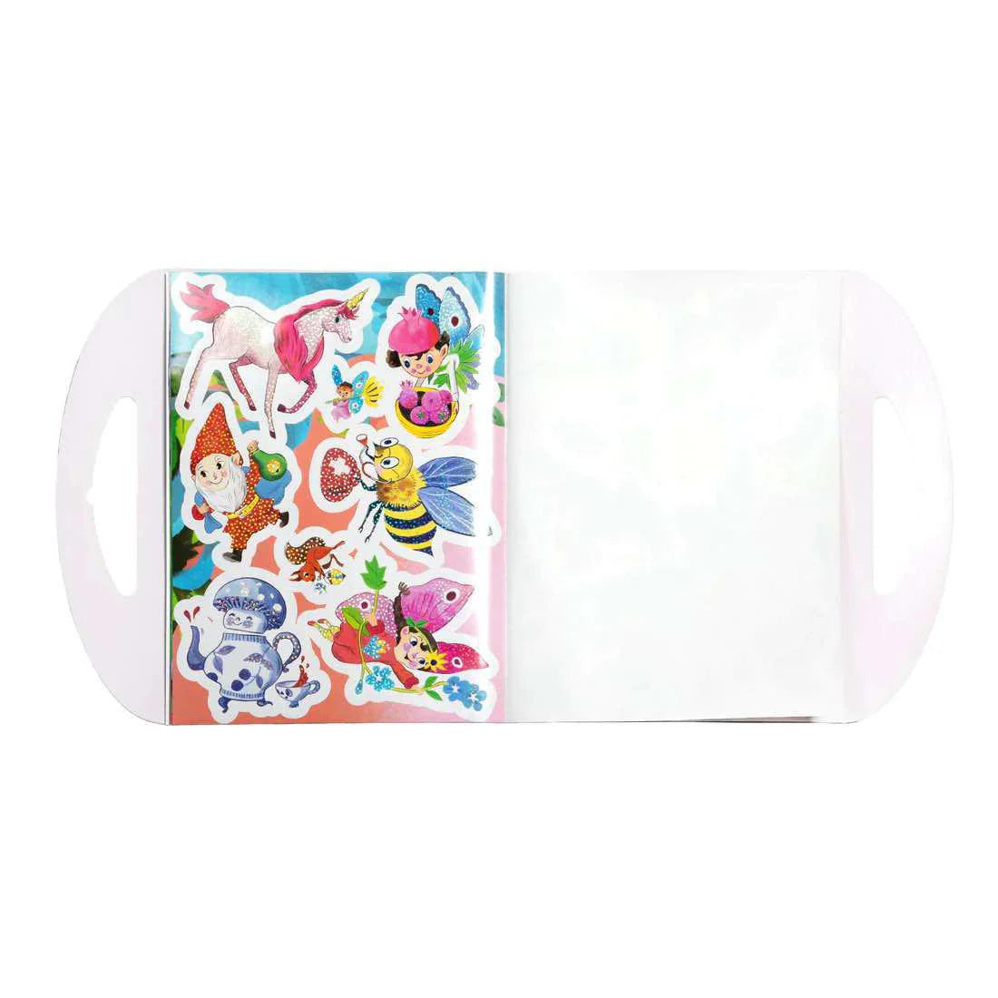 Magical Creatures Shiny Sticker Book with stickers of unicorns, gnomes, bees, and butterflies.
