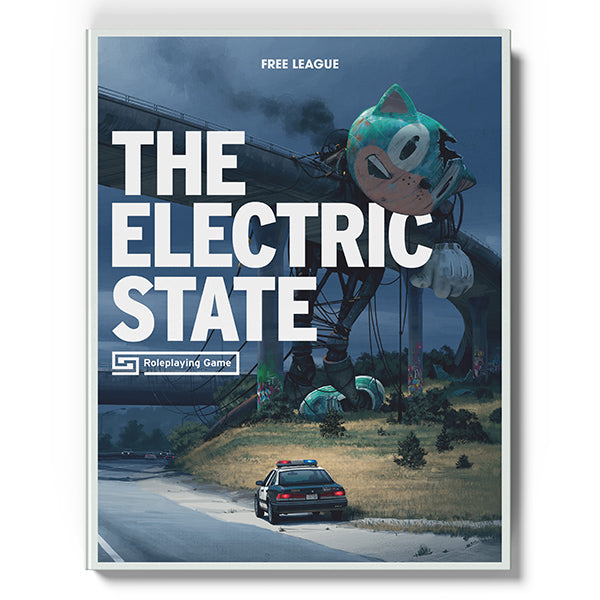 The Electric State RPG: Core Rulebook cover featuring a police car approaching a large, damaged cat robot.