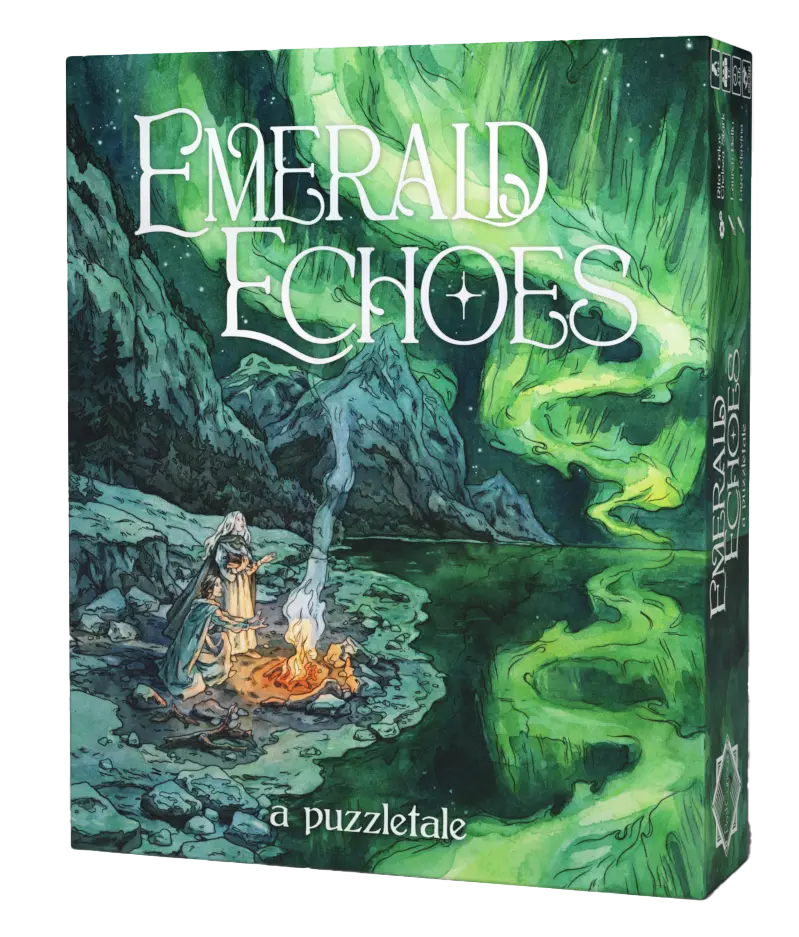 Emerald Echoes board game box with figures by a campfire under a green aurora in the mountains.