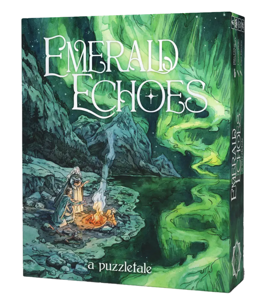Emerald Echoes board game box with figures by a campfire under a green aurora in the mountains.