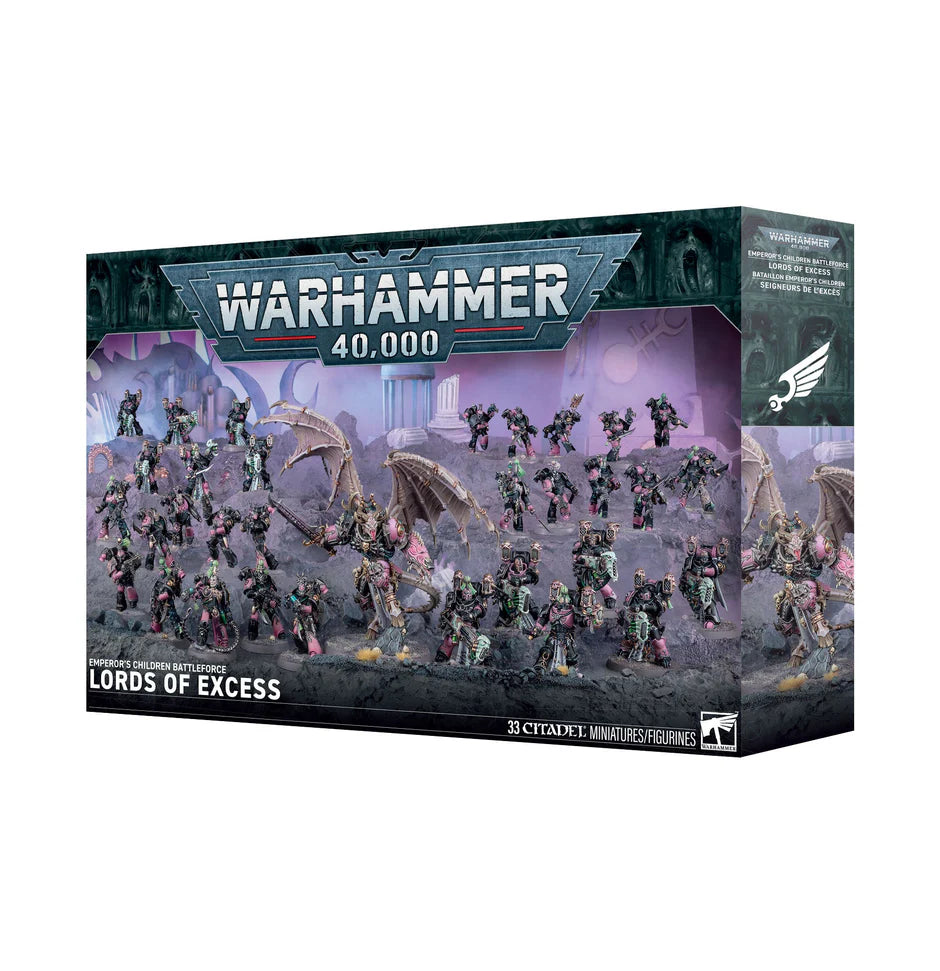 Warhammer 40,000 Emperors Children Lords of Excess Battleforce box with painted miniatures displayed.