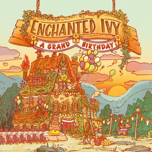 Enchanted Ivy: A Grand Birthday Expansion packaging with house illustration, balloons, and visible product title on sign.