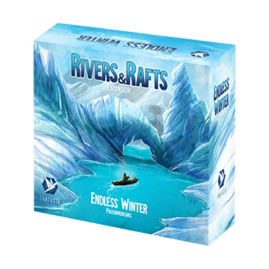 Endless Winter: Rivers & Rafts board game box, blue with icy rivers and a raft in snowy mountains.