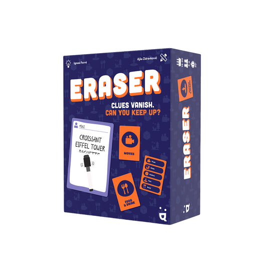 Blue and orange Eraser game box with Clues vanish. Can you keep up? and word-guessing game cards shown.