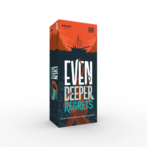 Even Deeper Regrets game box with ship and tentacles on a dark background.
