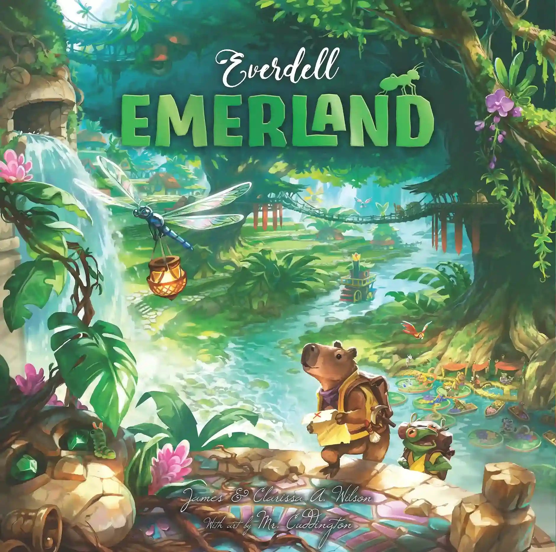 Everdell: Emerland game box featuring two animal adventurers in a forest waterfall setting.