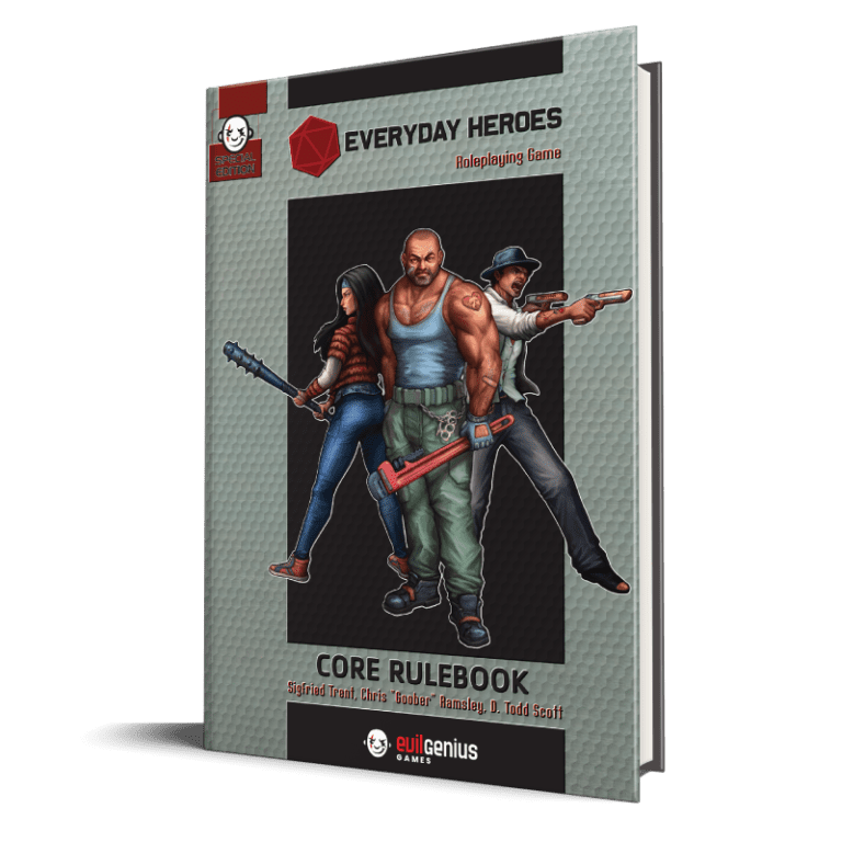 Everyday Heroes: Core Rulebook Special Edition, modern-day RPG system. Three armed characters on the cover.