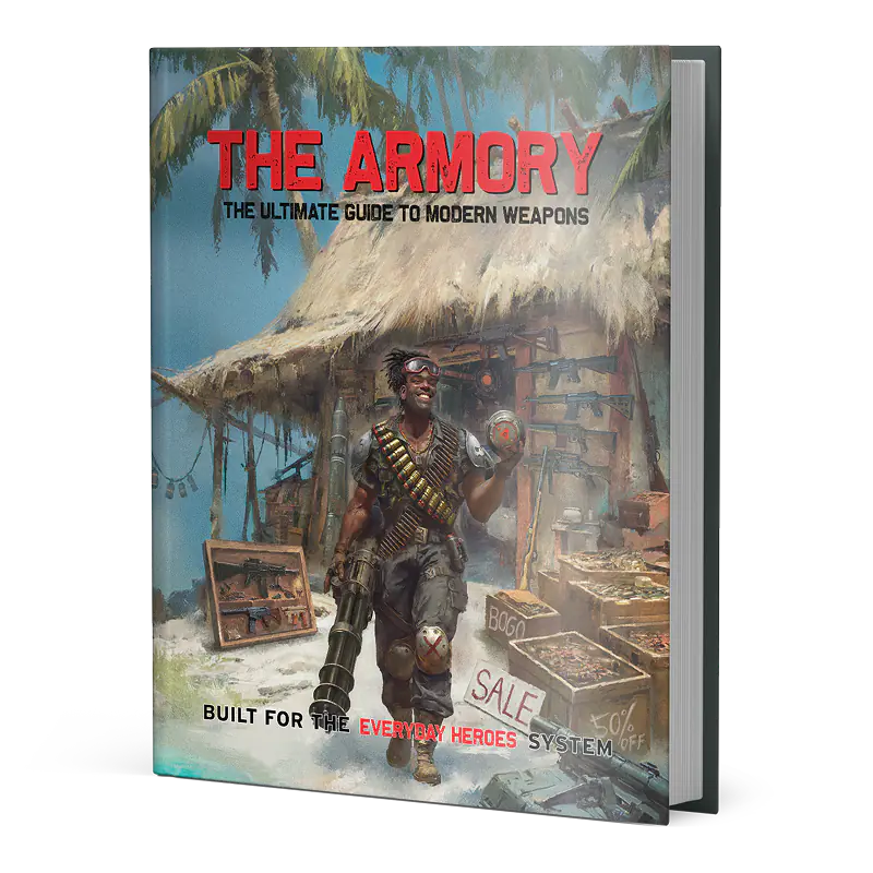 Everyday Heroes: The Armory set with weapons and crates displayed outside a shack with a man in military gear.