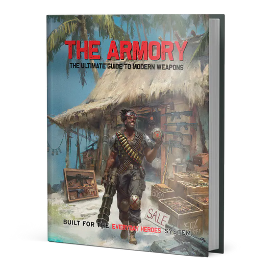 Everyday Heroes: The Armory set with weapons and crates displayed outside a shack with a man in military gear.