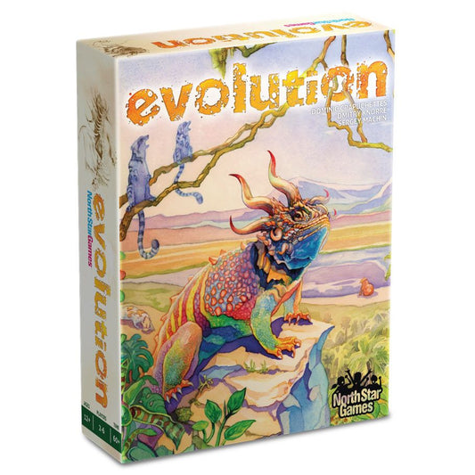 Evolution board game box by North Star Games featuring a lizard-like creature and plants on the cover.