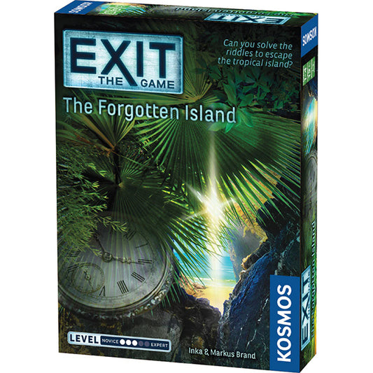 EXIT: The Forgotten Island board game box showing a golden compass and tropical island theme.
