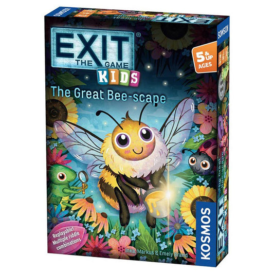 EXIT Kids: The Great Bee-scape game box with riddles, a bee, and a flower meadow illustration.