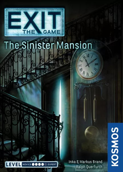 EXIT: The Sinister Mansion board game featuring a spiral staircase and large clock on the cover.