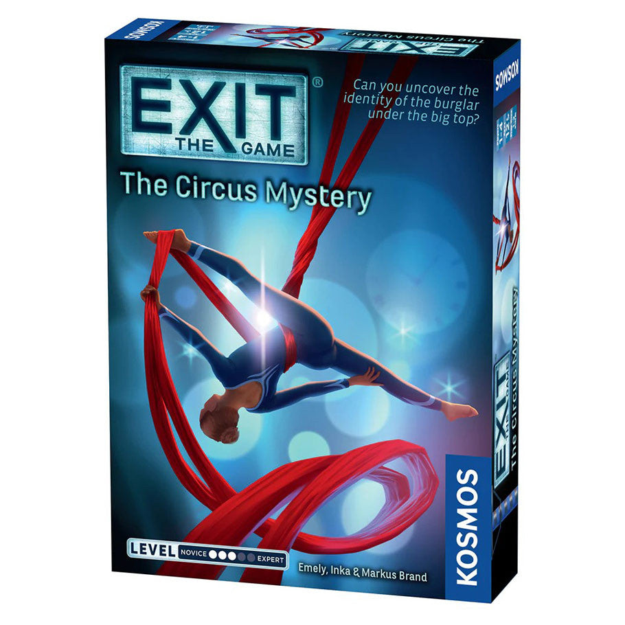 EXIT: The Circus Mystery game box with big top acrobat on red ribbons, blue background.