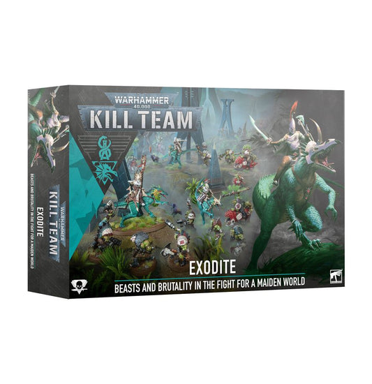 Kill Team: Exodite box showing dinosaur-mounted warriors and armored fighters miniatures.