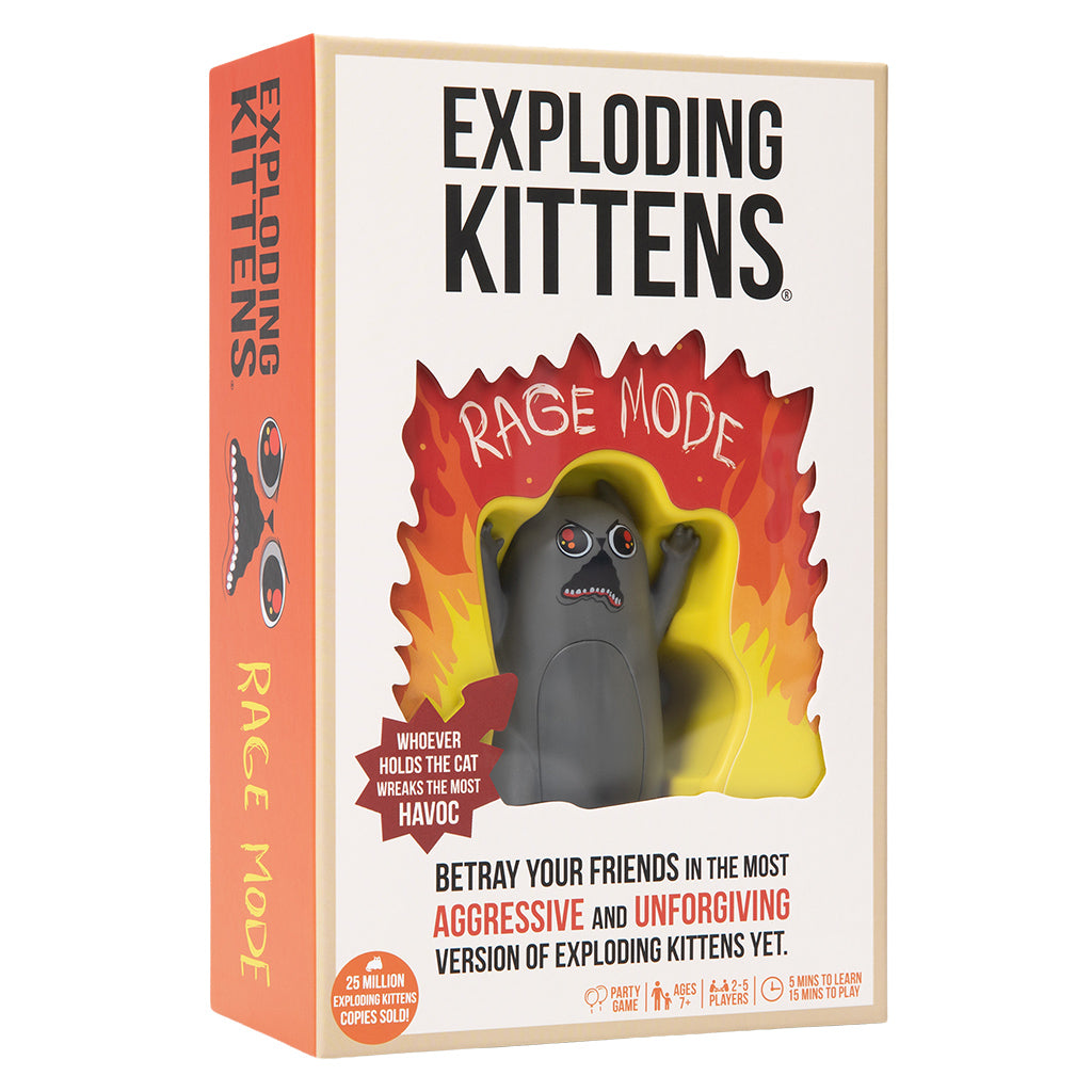 Exploding Kittens: Rage Mode game with Rage Cat figurine, flames, and card play for adults.