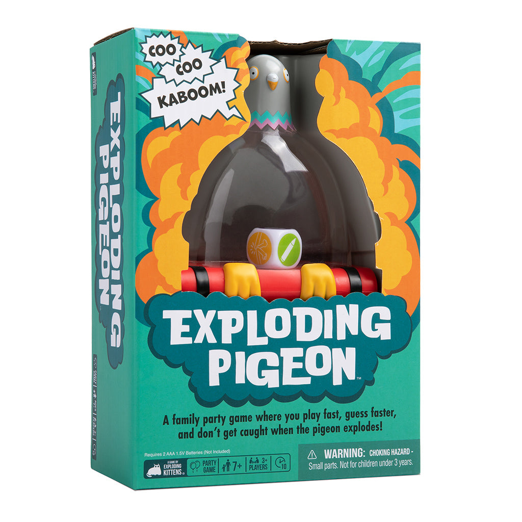 Exploding Pigeon party game box with cartoon pigeon on a bomb, orange smoke, and large Exploding Pigeon title.