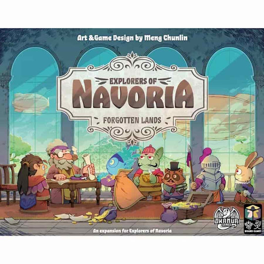 Explorers of Navoria game featuring anthropomorphic animals and humans with asymmetrical powers around a table.