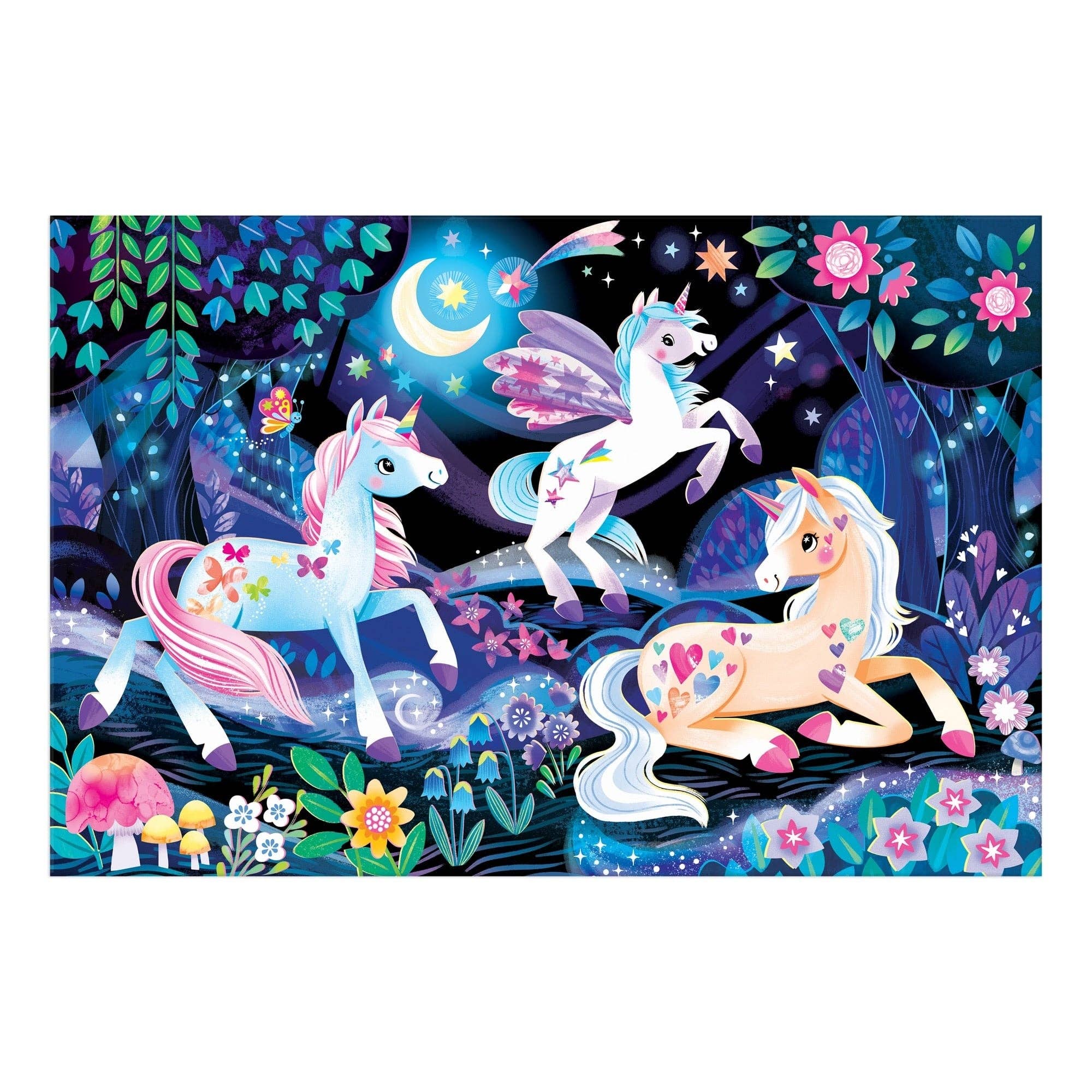 Unicorn Dreams 100 Piece Glow in the Dark Puzzle featuring unicorns, flowers, and moon in a night forest.