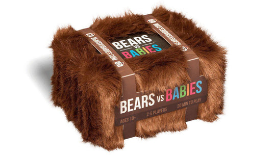 Bears Vs Babies card and party game for 2–5 players (ages 10+), packaged in a furry brown box, 20-minute rounds.