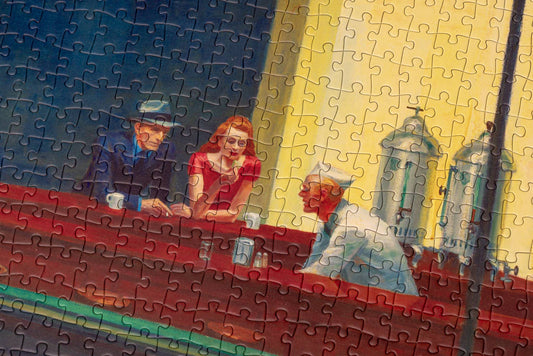 The Puzzle - Edward Hopper - Nighthawks with diner scene, man in fedora, and woman in red.