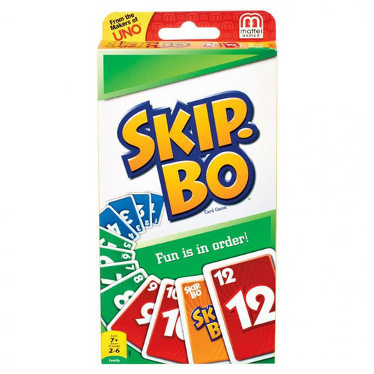 SKIP-BO card game box with logo, cards, and the tagline Fun is in order.