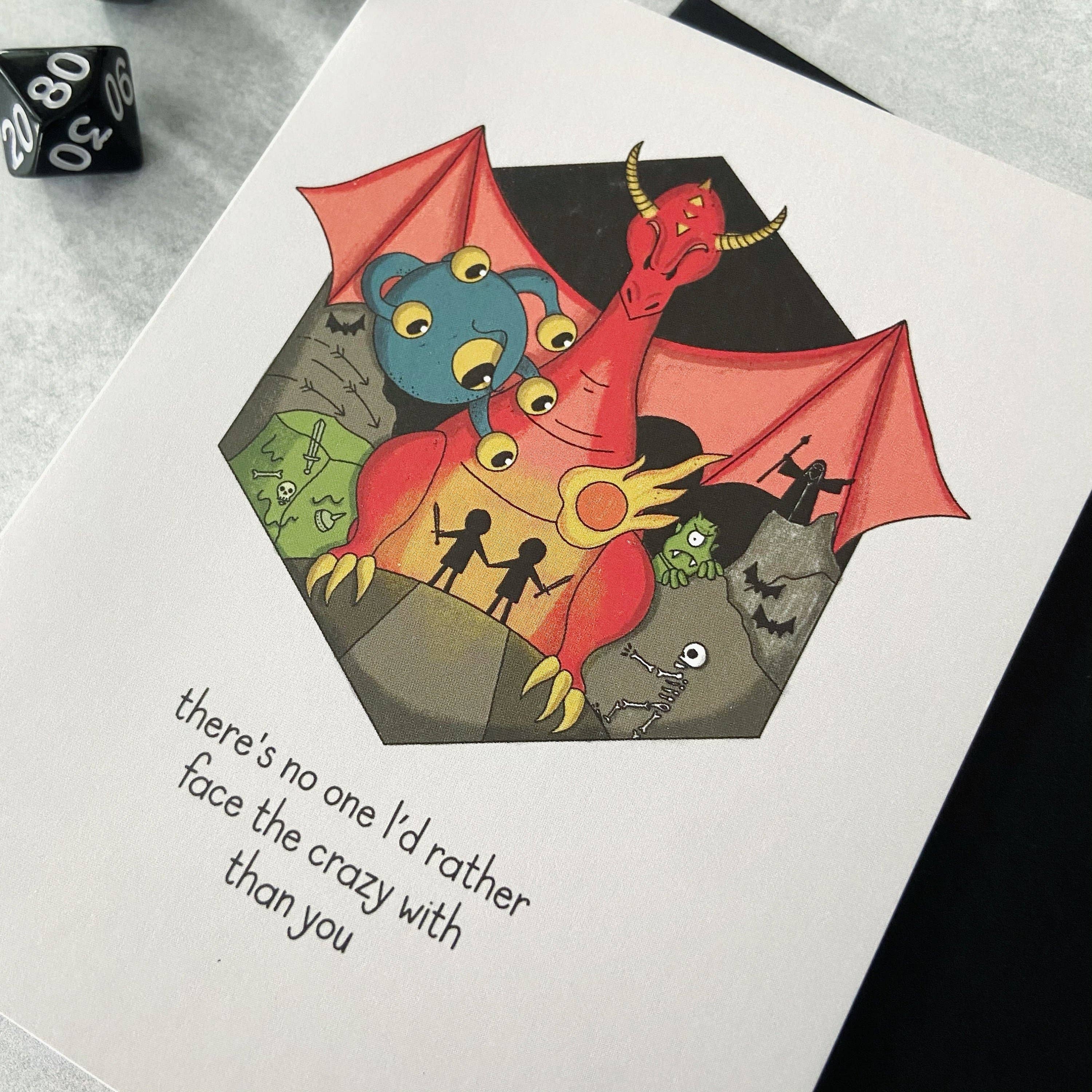 Face the Crazy Together D&D/RPG card with dragons, monsters, heroes, and a friendship or love message.