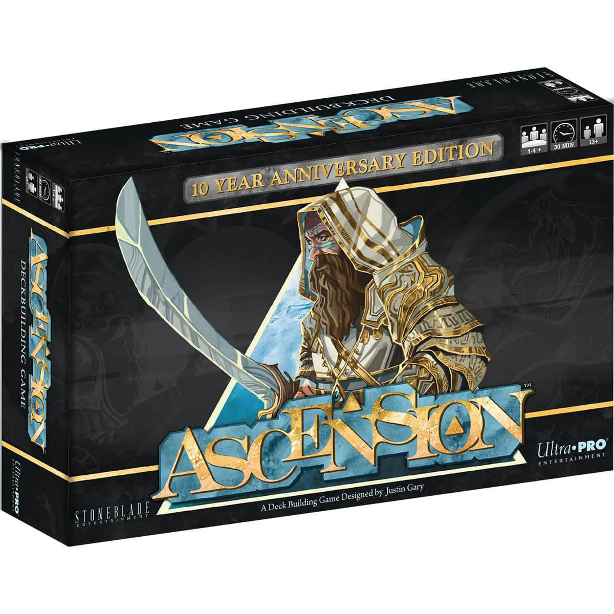 Ascension Deckbuilding Game 10 Year Anniversary box with hooded warrior and glowing sword on cover.