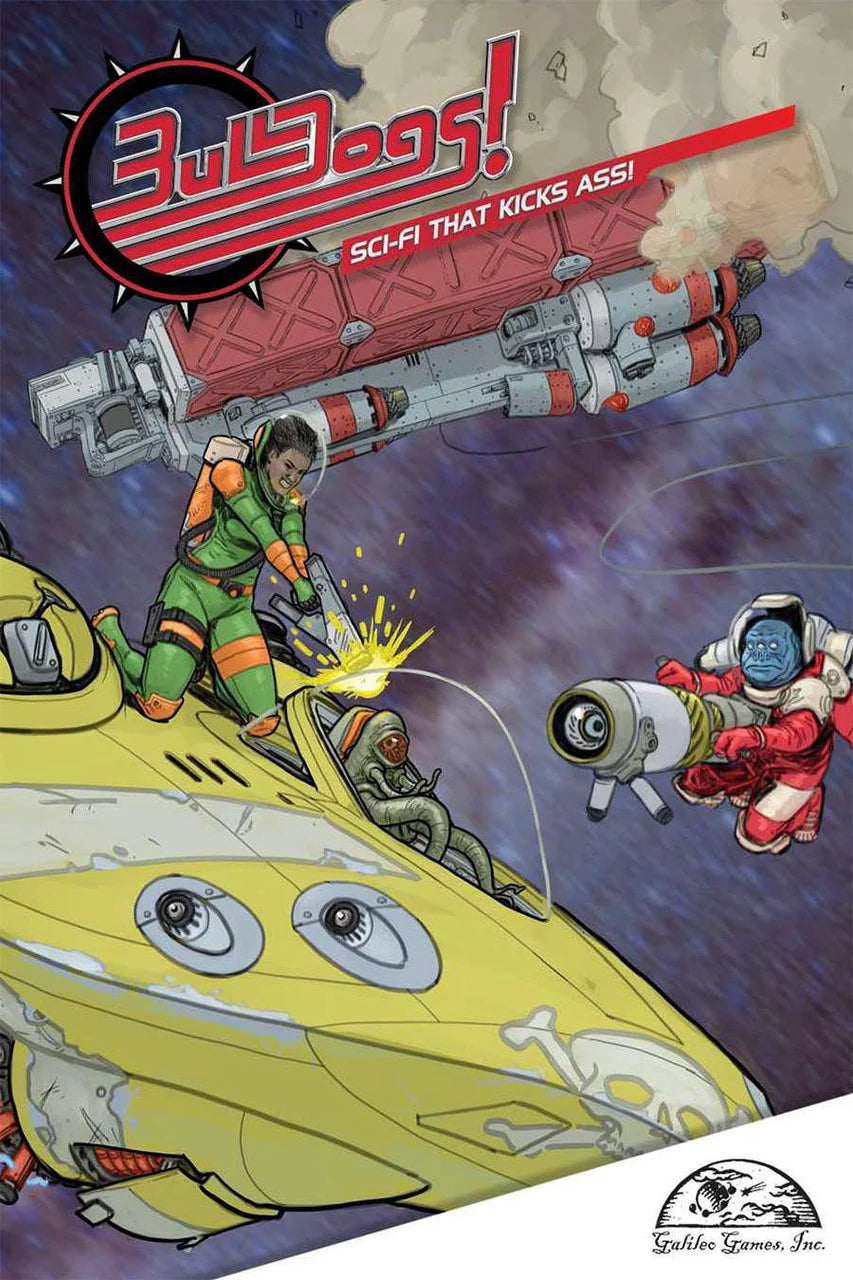 Bulldogs Fate Core Edition hardcover tabletop RPG featuring a yellow spaceship and armed aliens on the cover.