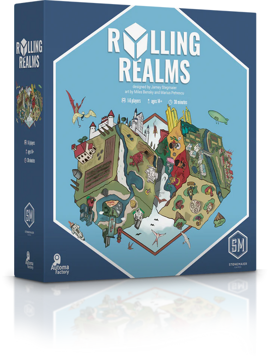 Rolling Realms board game box featuring illustrated realms and geometric dice.